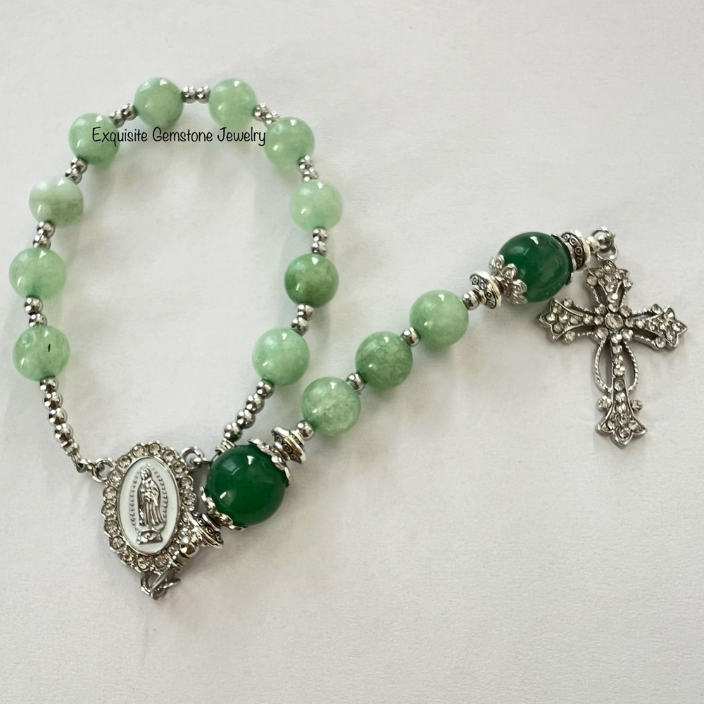 Green Beaded Bracelet with Silver Cross